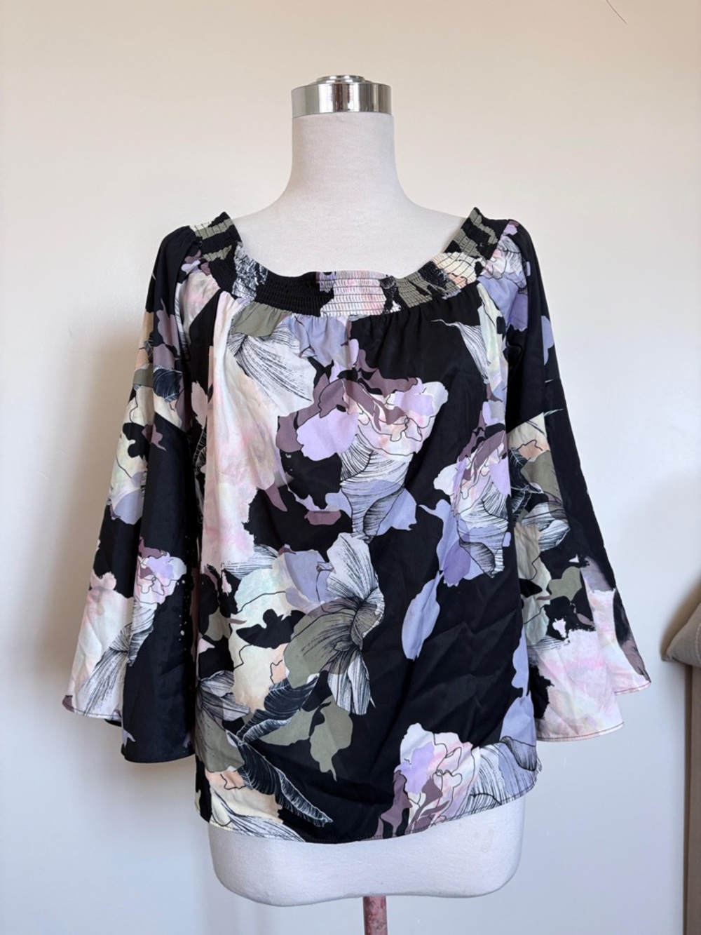 Bar III Black Floral Off-the-Shoulder Bell Sleeve Blouse